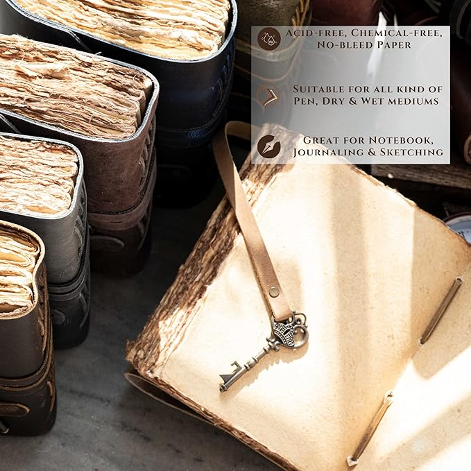 LEATHER VILLAGE Vintage Leather Journal – 200 Handmade Vintage Deckle Edge Paper – Leather bound Journal For Women Men – Vintage Key Closure - Book of Shadows - Cappuccuno Brown - 10X7 inches