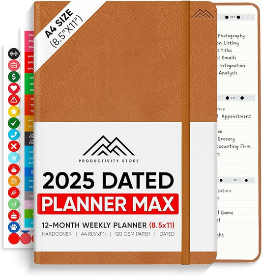 PRODUCTIVITY STORE Pro Max - Dated, 2025 Planner, 8.5" x 11" - The #1 Productivity Planner to Achieve Your 2025 Goals - Planner 2025-2026 - Brown - A4