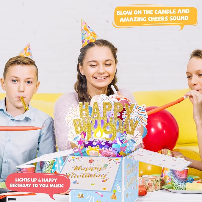 Tnvee 19TH Birthday Cards with Lights Music, 3D Pop Up Singing Happy Birthday Greeting Cards Gifts Ideal for 19 Year Old Boy Girl Daughter Son