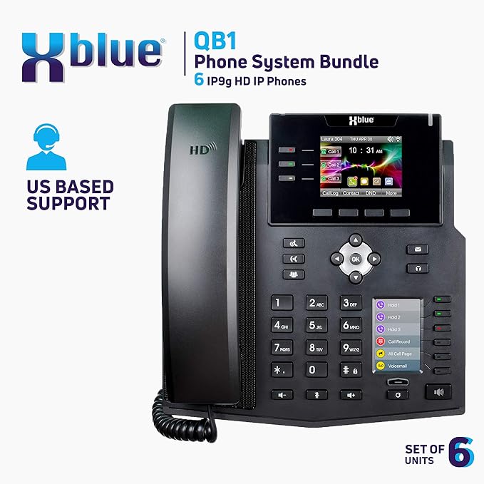 Xblue QB System Bundle with 6 IP9g IP Phones Including Auto Attendant, Voicemail, Cell & Remote Phone Extensions & Call Recording, Black, (QB1006)