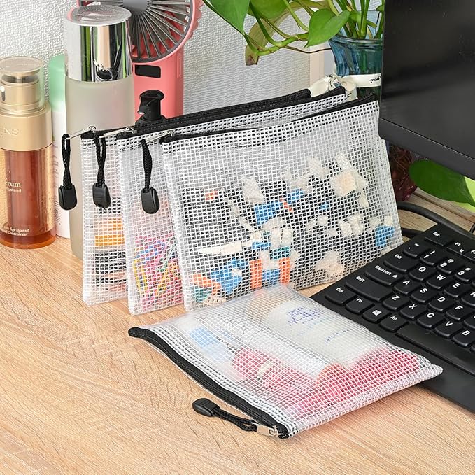 AUSTARK 20 Pcs Zipper File Bags, Plastic Mesh Pouch, Board Game Storage, Waterproof Bags for Office School (B6 Size 7.6''x5.3'', White and Black)