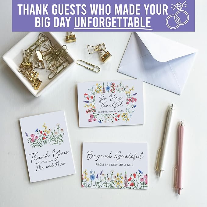 54 Wildflower Wedding Thank You Cards with Envelopes Wedding - Bulk Thank You Cards Wedding with Envelopes, Elegant Thank You Wedding Cards with Envelopes, Wedding Thank You Notes Wedding Cards Bulk