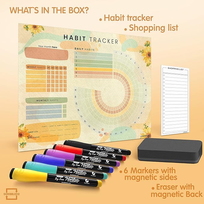 Habit Tracker Journal Workout Motivation Fridge Calendar Dry Erase 13” X 17” Magnet Health Fitness Goal Tracker Goals Board - with Shopping Grocery List - 6 Markers Included