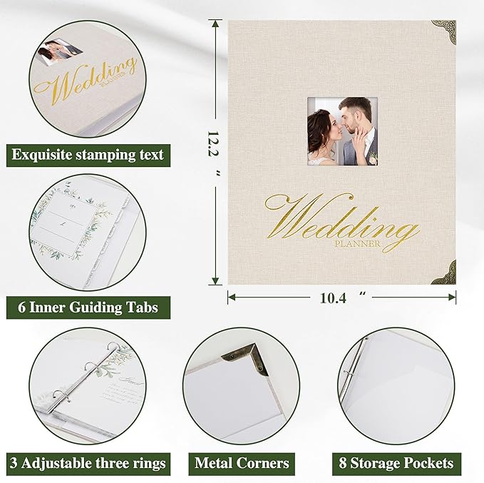 Vienrose Wedding Planner Book Organizer for the Bride, Gold Foil 'Wedding Planner' Linen Cover with Window Wedding Binder Engagement Gifts for Women Wedding Planning Book