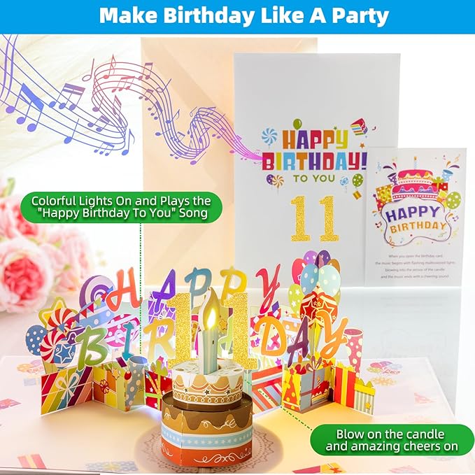 Gumry 11TH Musical Birthday PopUp Card, Blowable Colorful Light Candle 3D Cards with Song, Applause Cheers Sound, Greeting Cards Birthday Gifts Decorations for Girls Boys Turning 11 Years Old