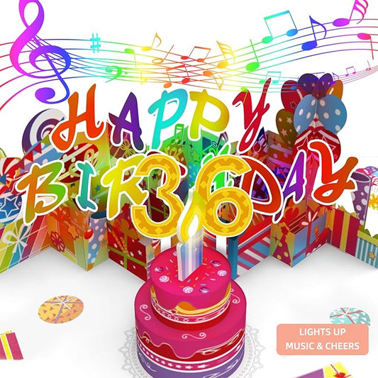 Gumry 36TH Musical Birthday PopUp Card, Blowable Colorful Light Candle 3D Cards with Song, Applause Cheers Sound, Greeting Cards Birthday Gifts Decorations for Women Men Turning 36 Years Old