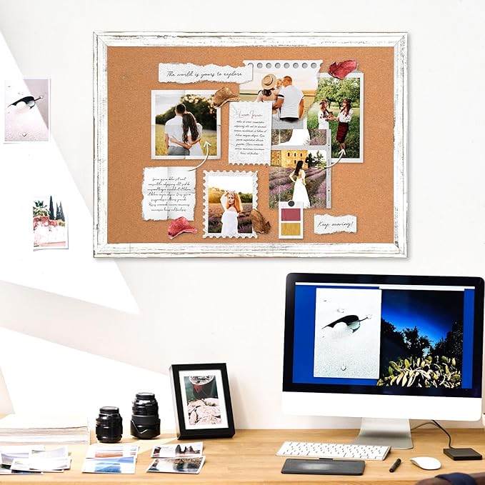 DOLLAR BOSS White Cork Board - 36 X 24 Inches, Rustic Wooden Frame, Decorative Vintage Hanging Pin Board for Office & Home Decor