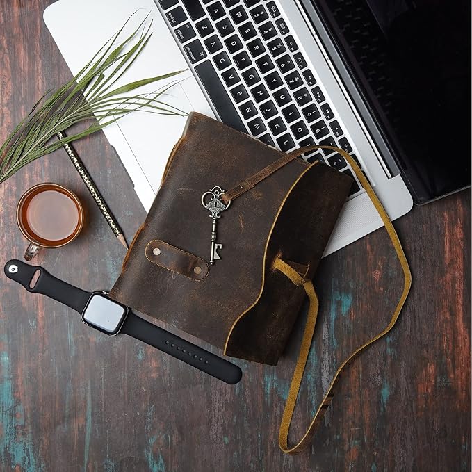 LEATHER VILLAGE Vintage Leather Journal – 200 Handmade Vintage Deckle Edge Paper – Leather bound Journal For Women Men – Vintage Key Closure - Book of Shadows - Cappuccuno Brown - 10X7 inches
