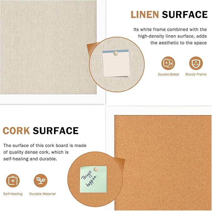 Double-Sided Large Cork Board with Linen, 30" x 20" Hanging Wood Framed Bulletin Board, Picture Display Vision Board Corkboards for Wall Room School Office Decor, 20 Pushpins,1pack