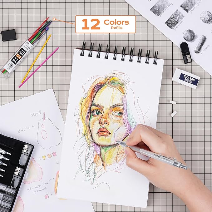 Nicpro 35PCS Black Metal Mechanical Pencils Set in Case, Art Drafting Pencil 0.5, 0.7, 0.9 mm & 3PCS 2mm Graphite Lead Holder for Drawing Sketching With 20 Tube Lead Refills(6B 4B 2B HB 2H 4H Colors)