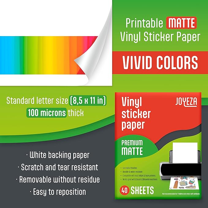 JOYEZA Premium Printable Vinyl Sticker Paper for Inkjet Printer - 40 Sheets Matte White Waterproof, Dries Quickly Vivid Colors, Holds Ink Well- Tear Resistant - Inkjet & Laser Printer
