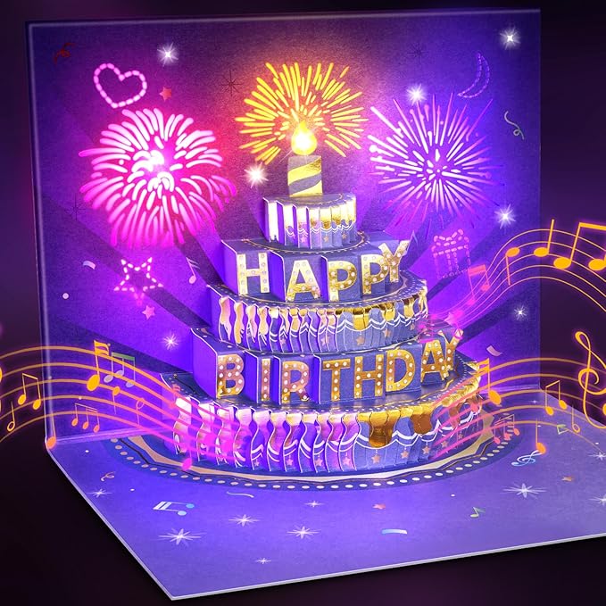 Birthday Cards Birthday Gifts for Women Fireworks Pop Up Cake Light and Music Happy Birthday Card Purple Gold