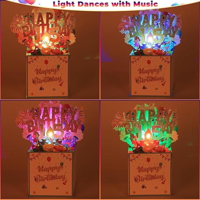 Tnvee 15TH Birthday Cards with Lights & Music & Candle, 3D Pop Up Singing Happy Birthday Greeting Cards Gfits for 15 Years Old Girl Boy Son Daughter