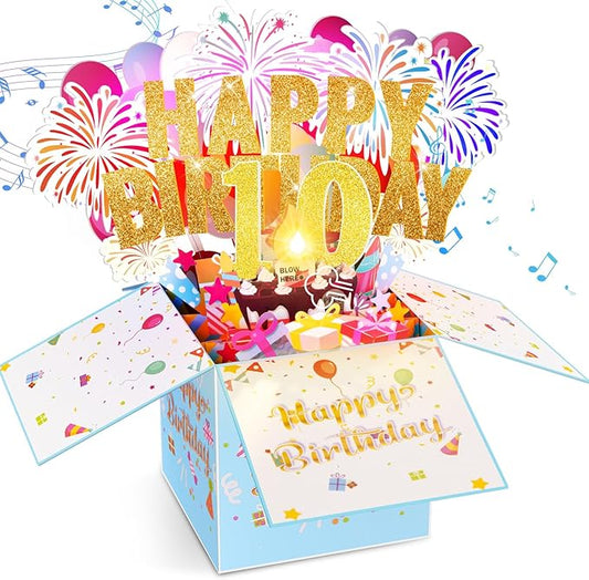Tnvee 10TH Birthday Cards with Lights & Music & Candle, 3D Pop Up Singing Happy Birthday Greeting Cards Gfits for 10 Years Old Girl Boy Son Daughter