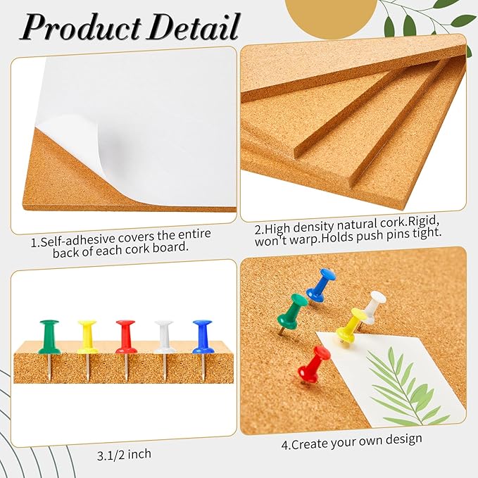 Cork Board Tiles 12 x 12 in 0.5 in Thick Square Bulletin Boards Cork Tiles Bulk with Push Pins Mini Natural Self Adhesive Backing Corkboards for Wall Home Office Floor DIY(14 Pcs)