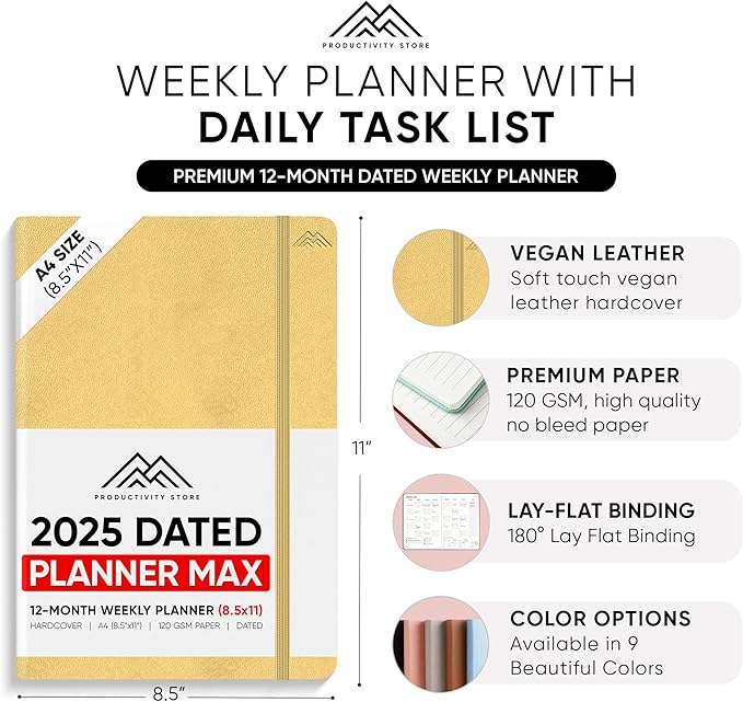 PRODUCTIVITY STORE Pro Max - Dated, 2025 Planner, 8.5" x 11" - The #1 Productivity Planner to Achieve Your 2025 Goals - Planner 2025-2026 - Crem - A4