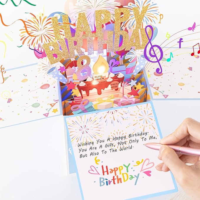 Tnvee 8TH Birthday Cards with Lights Music, 3D Pop Up Singing Happy Birthday Greeting Cards Gifts Ideal for 8 Year Old Kids Boy Girl