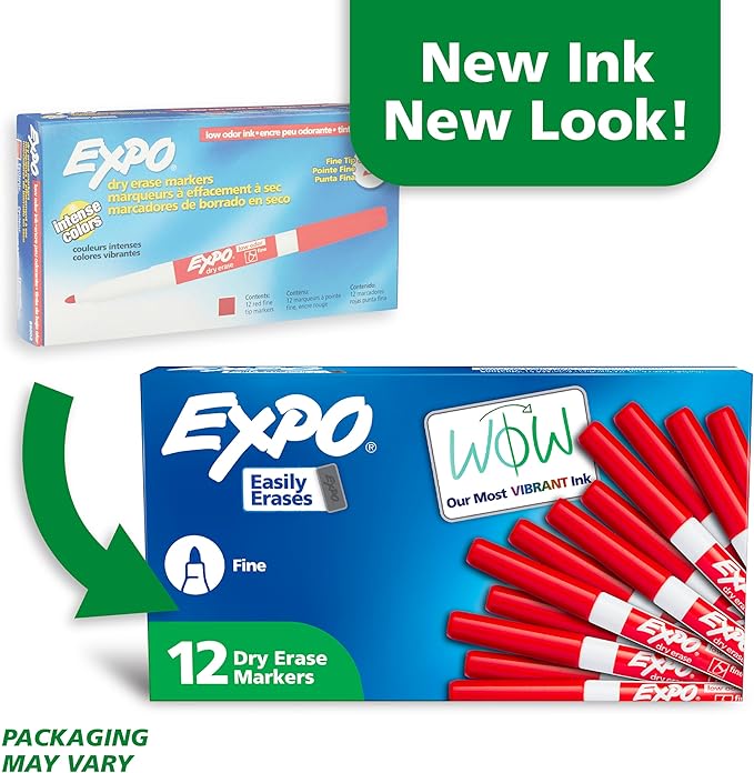EXPO 86002 Sanford EXPO Low Odor Dry Erase Marker, Fine Point, Red, Box of 12