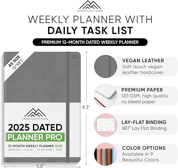 PRODUCTIVITY STORE Pro - Dated, 2025 Planner, 5.8” x 8.3” - The #1 Productivity Planner to Achieve Your 2025 Goals - Planner 2025-2026 - Grey - A5