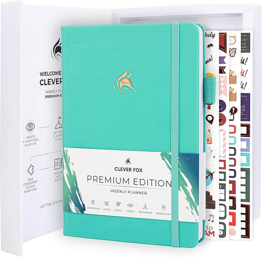 Clever Fox Planner Premium Edition – Undated Luxurious Weekly & Monthly Planner to Increase Productivity and Hit Your Goals – Organizer – Start Anytime, A5, Lasts 1 Year, Light Turquoise (Weekly)