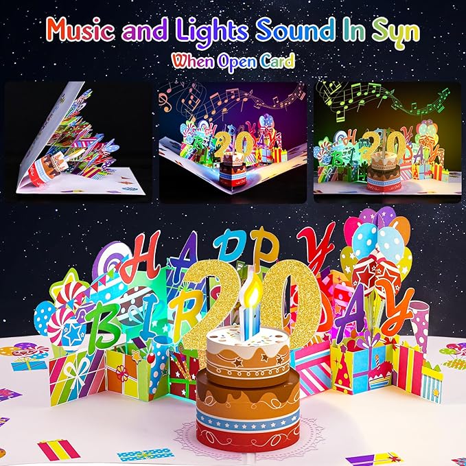 Gumry 20TH Musical Birthday PopUp Card, Blowable Colorful Light Candle 3D Cards with Song, Applause Cheers Sound, Greeting Cards Birthday Gifts Decorations for Girls Boys Turning 20 Years Old