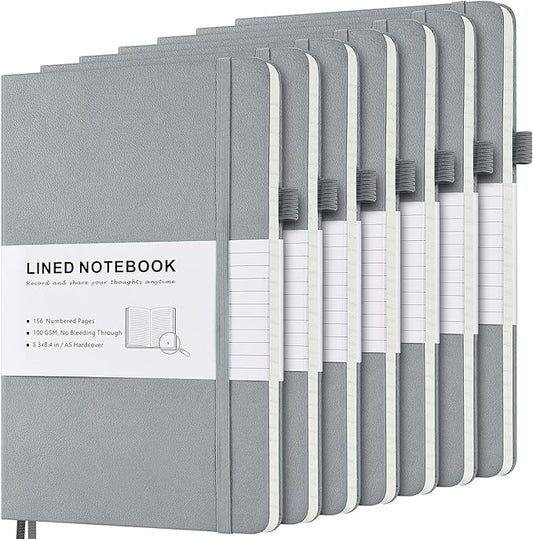 MALEDEN 7 Pack Lined Journal Notebook, Hardcover PU Leather Notebook for Men Women, 100 GSM Thick Numbered Pages with Index Content, Inner Pockets, Bookmarks, A5 Ruled Writing Journal Bulk (Grey)