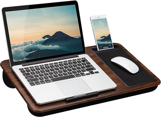 LAPGEAR Home Office Lap Desk with Device Ledge, Mouse Pad, and Phone Holder - Espresso Woodgrain - Fits up to 15.6 Inch Laptops - Style No. 91575