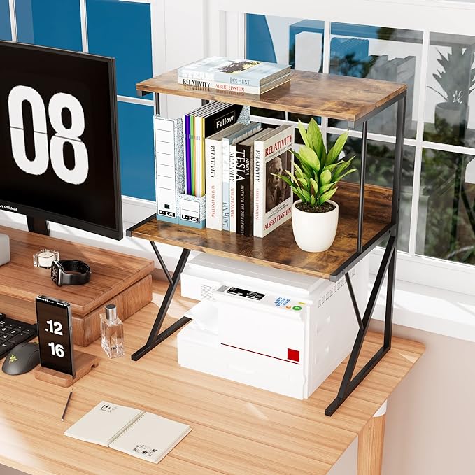 Printer StandAboxoo Printer Stand for Desk, Desktop Printer Shelf Large Printer Stands 3 Tiers Multi-Purpose Desk Office Organization Shelves for Home Office Printer Fax Book, Rustic Brown