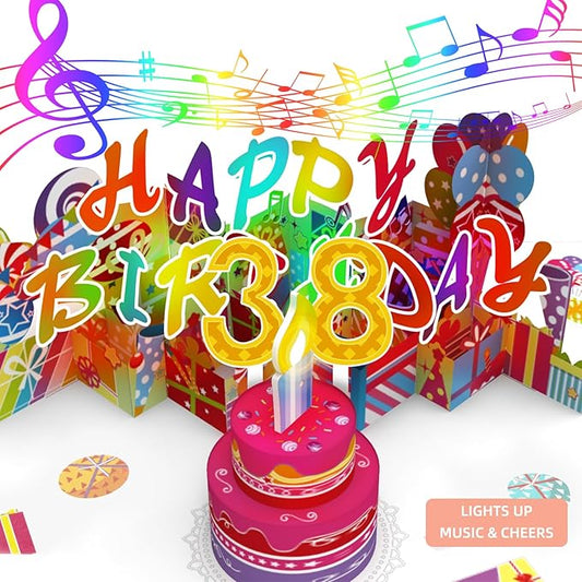 Gumry 38TH Musical Birthday PopUp Card, Blowable Colorful Light Candle 3D Cards with Song, Applause Cheers Sound, Greeting Cards Birthday Gifts Decorations for Women Men Turning 38 Years Old