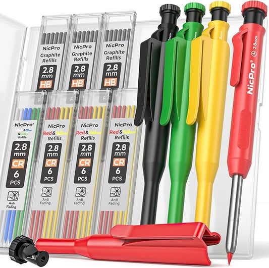 Nicpro 4 Pack Carpenter Pencil with Sharpener & Sleeve, Mechanical Carpenter Pencils Set with 52 Refill, Deep Hole Marker Woodworking Pencils, Heavy Duty Construction Pencils for Architect-With Case