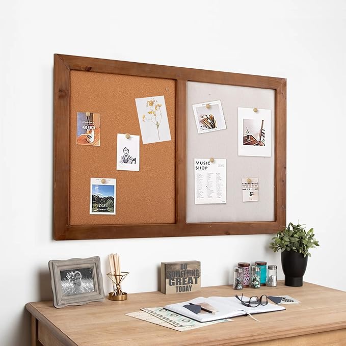 SOFE Large Cork Board Linen Pin Board Combo, Wood Framed Bulletin Board 36" X 24" Picture Board, Photo Wall Display, Vision Board Rustic Memo Board for Home Kitchen Office School