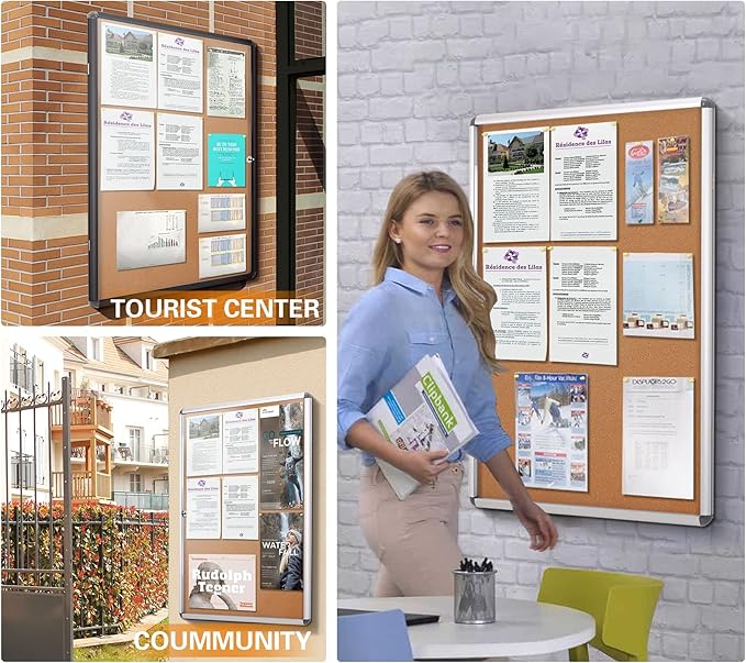 SWANCROWN Enclosed Bulletin Board,Lockable Cork Noticeboard for School Office,Wall Display Case with Lock 20"x14"(2xA4)