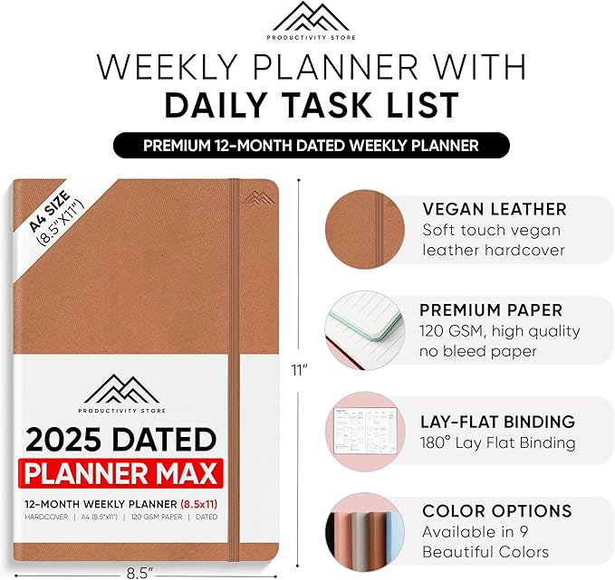 PRODUCTIVITY STORE Pro Max - Dated, 2025 Planner, 8.5" x 11" - The #1 Productivity Planner to Achieve Your 2025 Goals - Planner 2025-2026 - Brown - A4