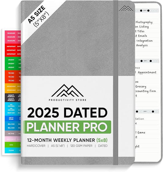 PRODUCTIVITY STORE Pro - Dated, 2025 Planner, 5.8” x 8.3” - The #1 Productivity Planner to Achieve Your 2025 Goals - Planner 2025-2026 - Grey - A5
