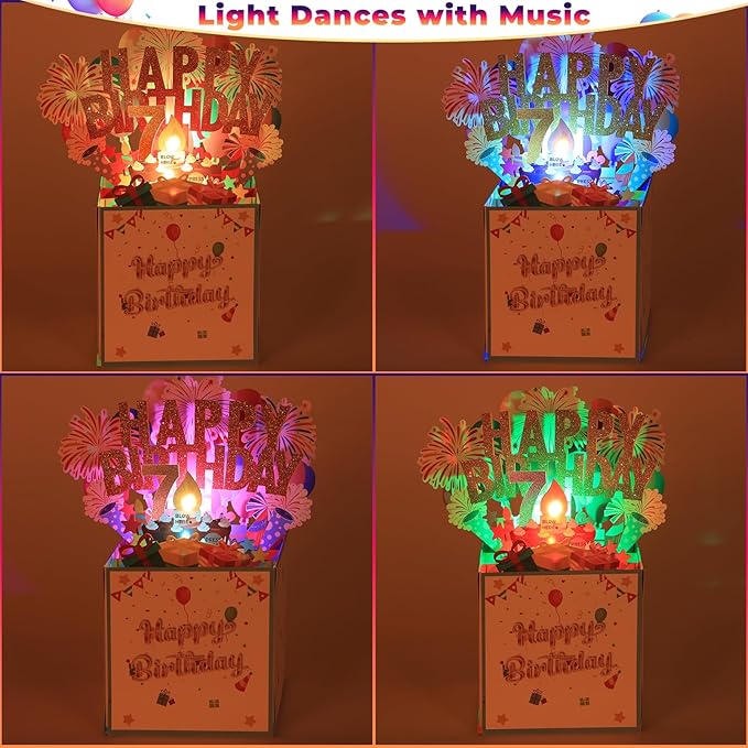 Tnvee 7TH Birthday Cards with Lights Music, 3D Pop Up Singing Happy Birthday Greeting Cards Gifts Ideal for 7 Year Old Kids Boy Girl