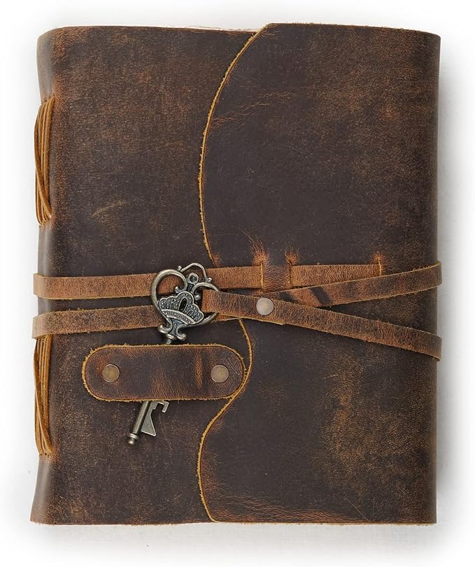 LEATHER VILLAGE Vintage Leather Journal – 200 Handmade Vintage Deckle Edge Paper – Leather bound Journal For Women Men – Vintage Key Closure - Book of Shadows - Cappuccuno Brown - 10X7 inches