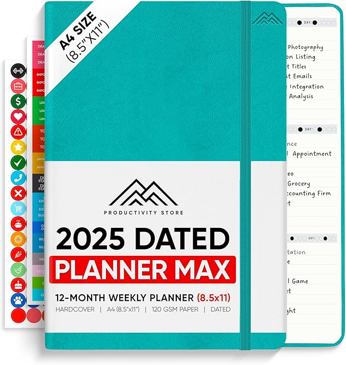 PRODUCTIVITY STORE Pro Max - Dated, 2025 Planner, 8.5" x 11" - The #1 Productivity Planner to Achieve Your 2025 Goals - Planner 2025-2026 - Teal - A4