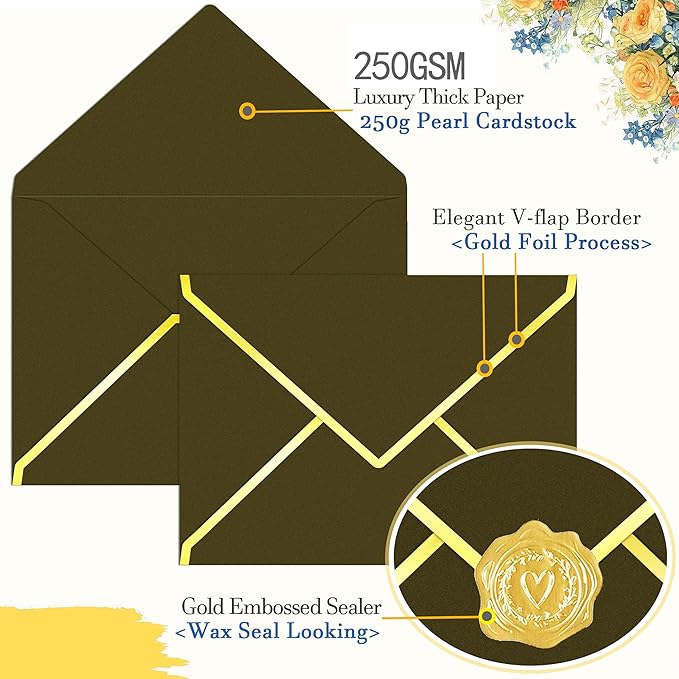 60 Pack Gold Envelopes 5x7 Bulk Taupe, 250G Pearled Cardstock A7 Envelopes for Invitations Business Mailing Envelope with Gold Foil Border, A6 4x6 Envelopes for Wedding Baby Shower Cards
