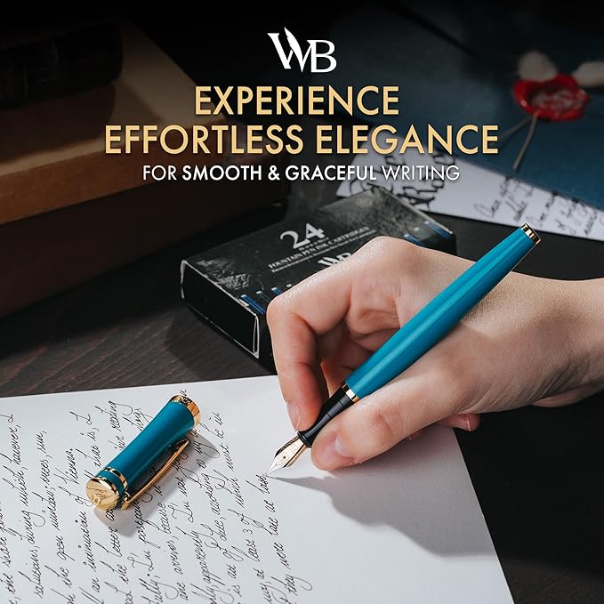 Wordsworth & Black Fountain Pen Set, Medium Nib, Includes 24 Ink Cartridges and Ink Refill Converter, Journaling, Calligraphy,[Turquoise Gold]