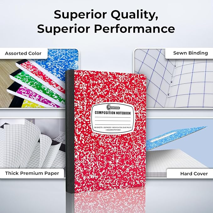 50 Pack Quad Ruled Composition Notebook, 200 Pages (100 Sheets) Bulk Graph Composition Notebook for School, Bulk Graphing Composition Notebook, Graph Ruled Composition Book, Assorted Colors