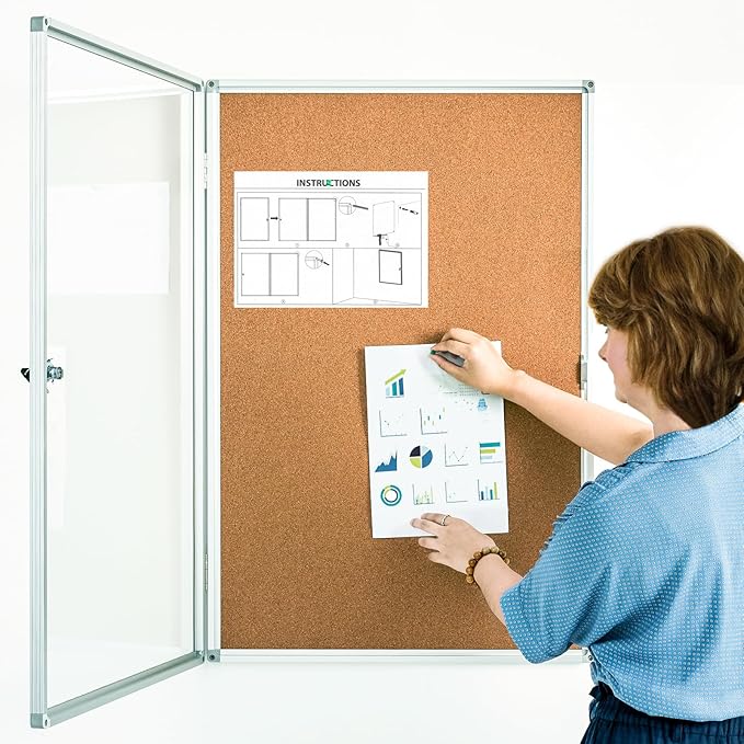 Pinboard Enclosed Bulletin Board 36 x 24 Inch Lockable Cork Noticeboard for School Office, Wall Display Case with Lock (Cork Board)