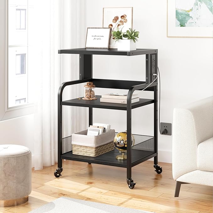 Printer Stand with Power Outlet, Large Printer Table with Adjustable Storage Shelf, 3 Tier Office Rolling Printer Stand with Wheels for Home Office, Fax Machines, Scanners, Rustic Black