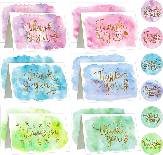 24 Pack Watercolor Thank You Cards with 24 Envelopes 24 Stickers 6 Designs Gold Letter Greeting Note Cards Thank You Notes Round Envelope Seal Stickers for Wedding Graduation(Cute Style)