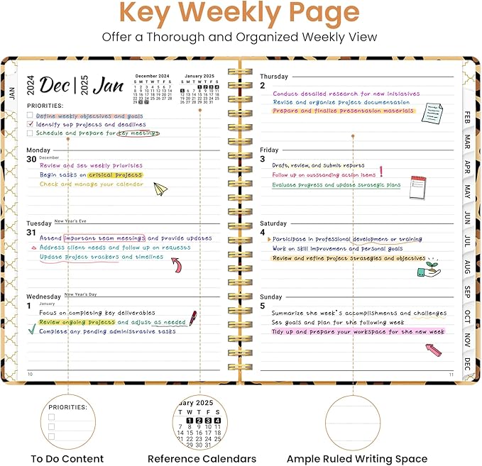 2025 Planner Weekly and Monthly, Jan 2025 - Dec 2025, Hardcover 2025 Calendar Planner Book with Monthly Tabs, Inner Pocket, Aesthetic Planner 2025 for Office Home School Planning - A5 (6.3" x 8.5"), Spiral Bound, Leopard