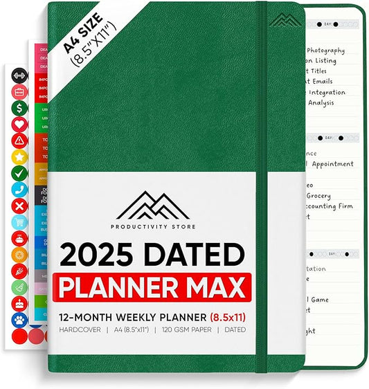 PRODUCTIVITY STORE Pro Max - Dated, 2025 Planner, 8.5" x 11" - The #1 Productivity Planner to Achieve Your 2025 Goals - Planner 2025-2026 - Green - A4