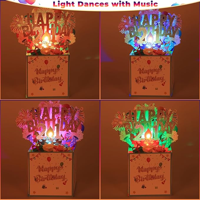 Tnvee 21ST Birthday Cards with Lights & Music & Candle, 3D Pop Up Singing Happy Birthday Greeting Cards Gfits for 21 Years Old Girl Boy Friends