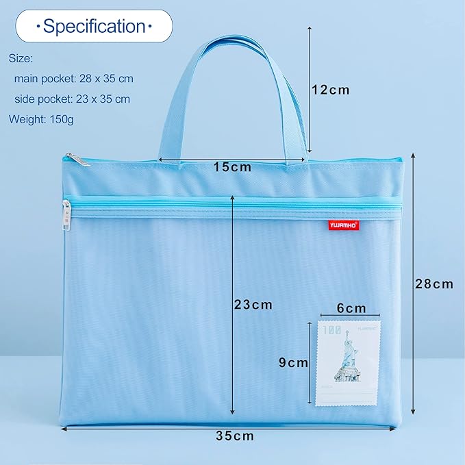 Pendancy Mesh Zipper Pouch 11x13.7 in, Large Double Pocket Waterproof File Bag with Handle, A4 Size Foldable Document Storage for Puzzle Project/Cross Stitch/Travel/Office（Blue）