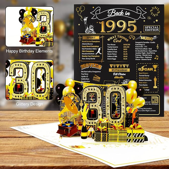 30th Birthday Card for Men Women, 3D Pop Up 30th Birthday Gifts Cards for Him Her, Back In 1995 Funny 30 Year Old Birthday Decorations