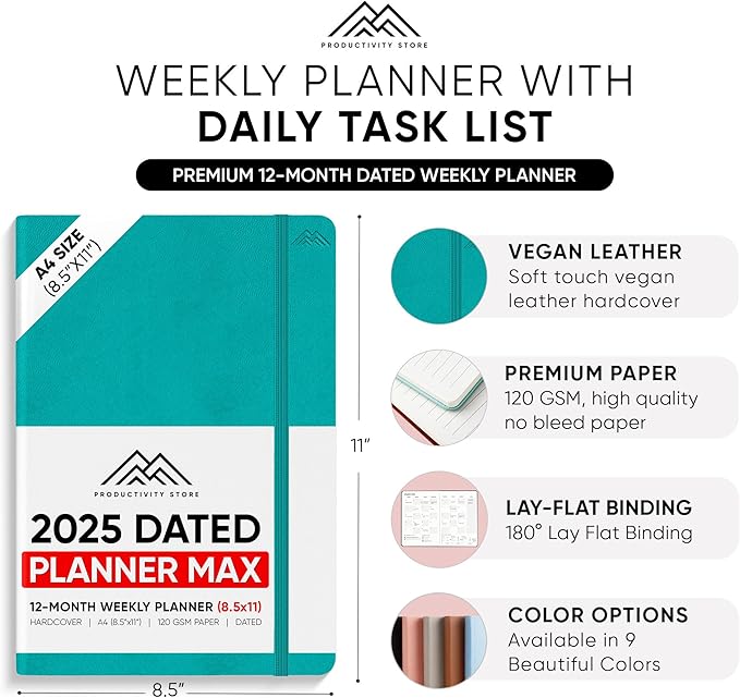 PRODUCTIVITY STORE Pro Max - Dated, 2025 Planner, 8.5" x 11" - The #1 Productivity Planner to Achieve Your 2025 Goals - Planner 2025-2026 - Teal - A4