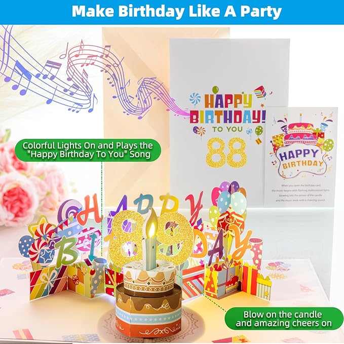 Gumry 89TH Musical Birthday PopUp Card, Blowable Colorful Light Candle 3D Cards with Song, Applause Cheers Sound, Greeting Cards Birthday Gifts Decorations for Women Men Turning 89 Years Old
